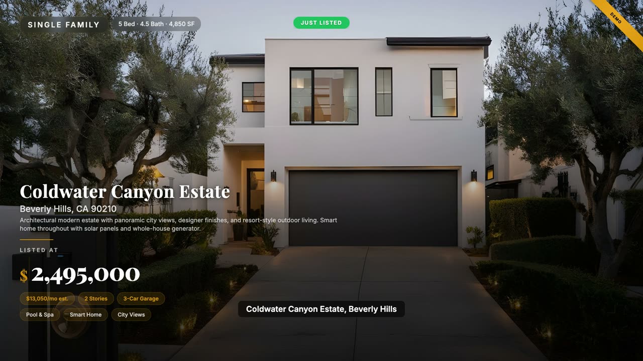 Compositive render of Coldwater Canyon Estate, Beverly Hills — listing photos and public data composed frame by frame, every pixel traceable to a source